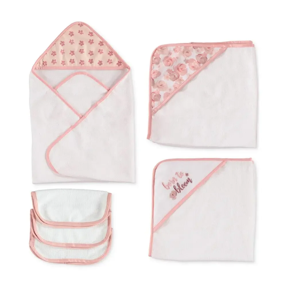 Chickpea Baby Girls Hooded Bath Towel and Washcloths, 6 Piece Set